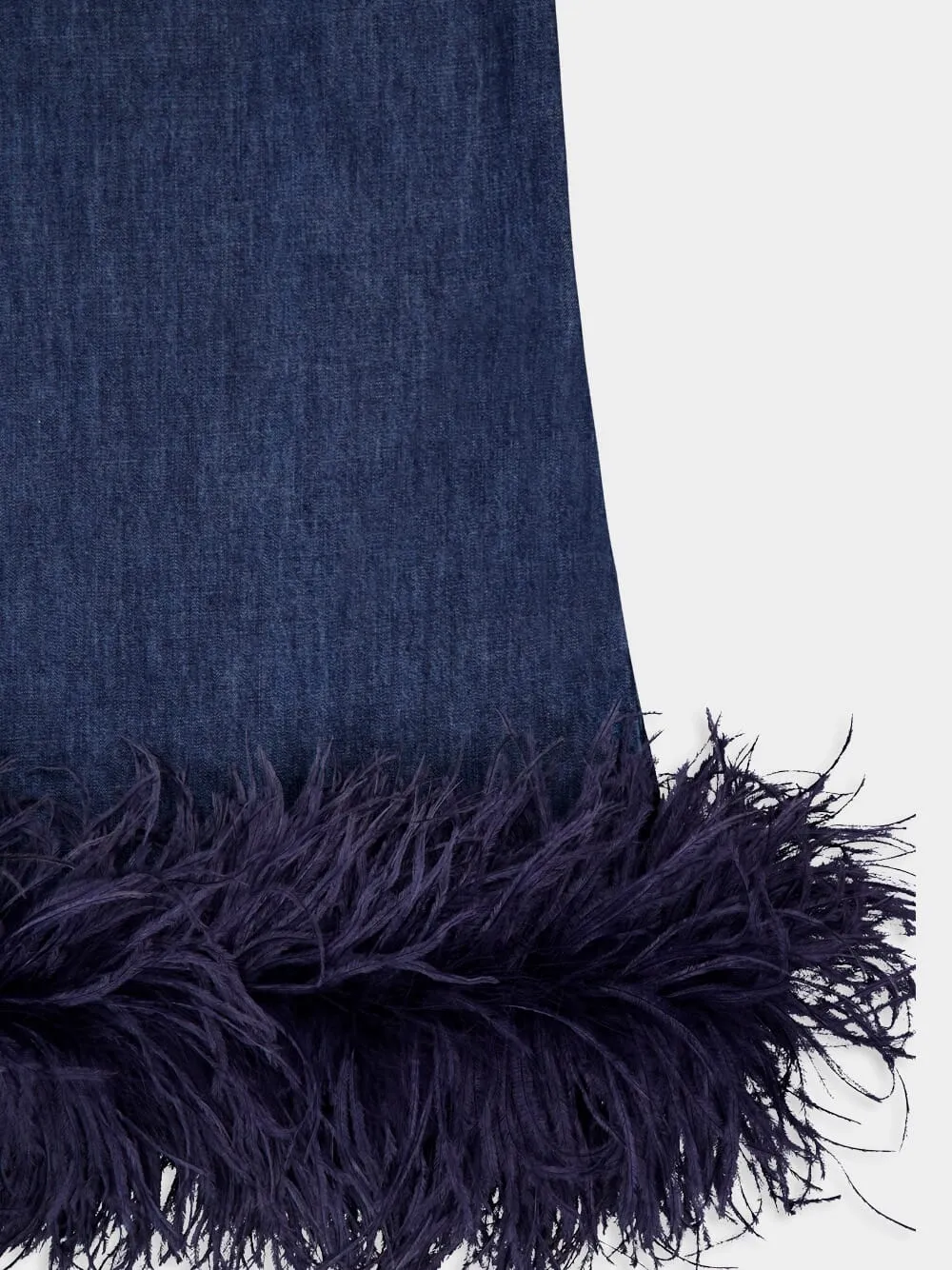 Blue V-Neck Sleeveless Denim Dress with Feathers