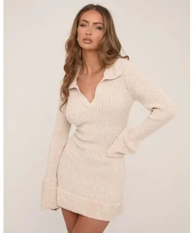 EGO Long Sleeve Loop Hem Detail Mini Dress In Stone Knit