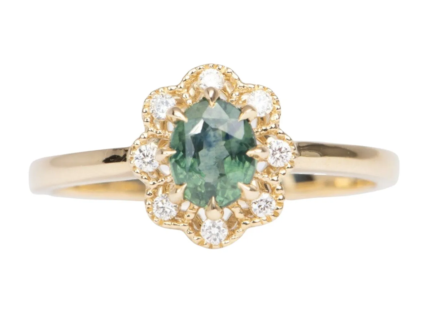 Forrest Green Montana Sapphire with Diamond Halo 14K Gold Engagement Ring R6464