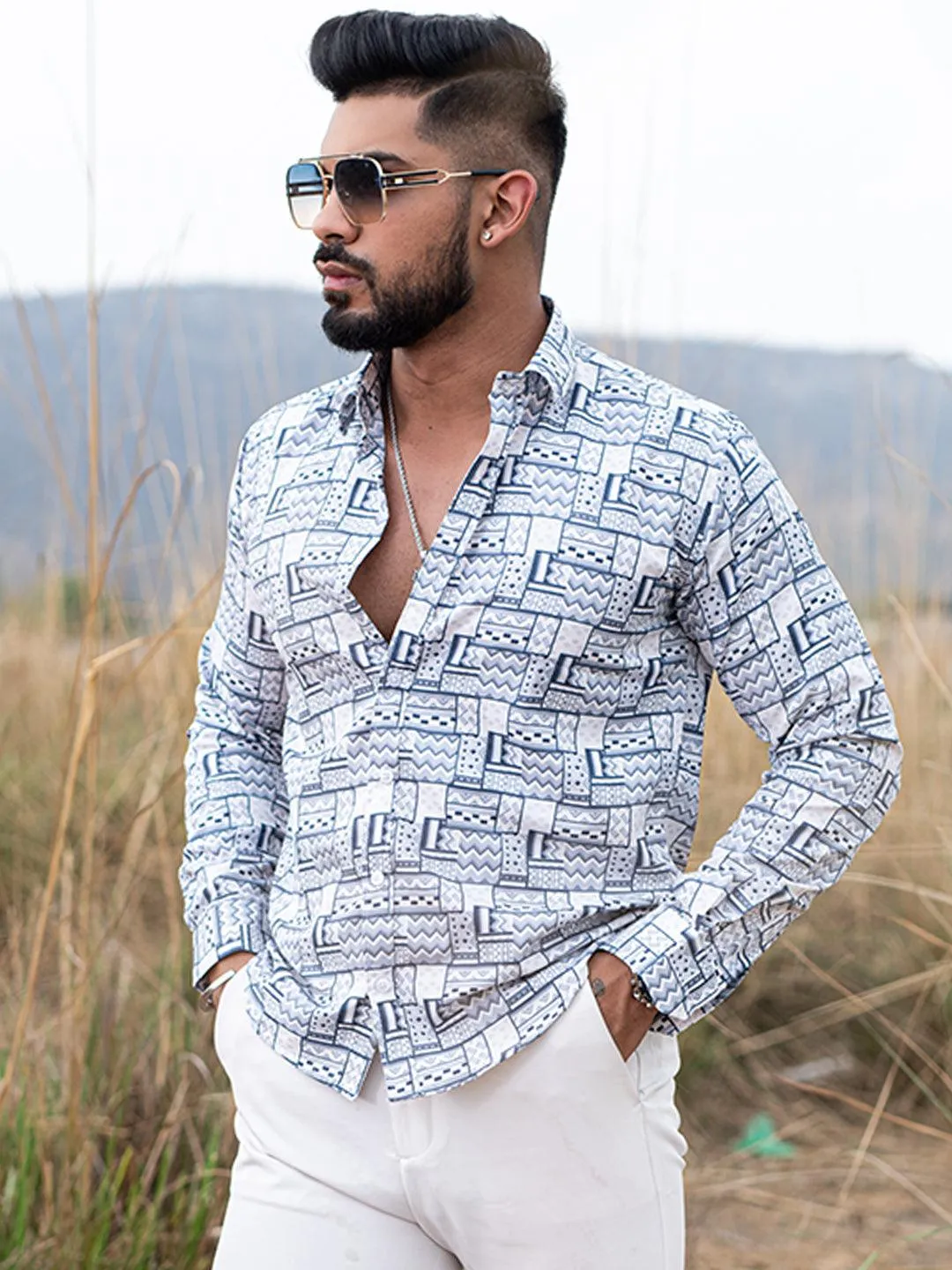 Grey Abstract Printed Full Sleeves Crepe Shirt