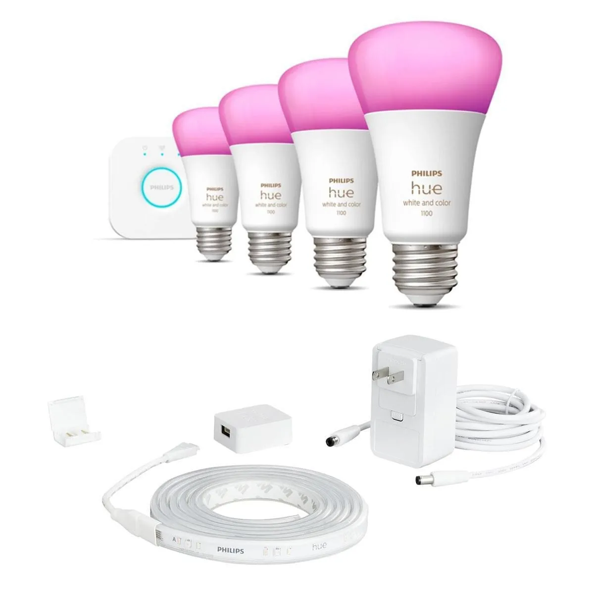 Philips Hue Starter kit E26 (4 PK) White and Color Ambiance + Hue 6' Light Strip Starter Kit in White