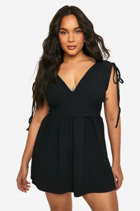 Plus Textured V Neck Tie Detail Smock Dress