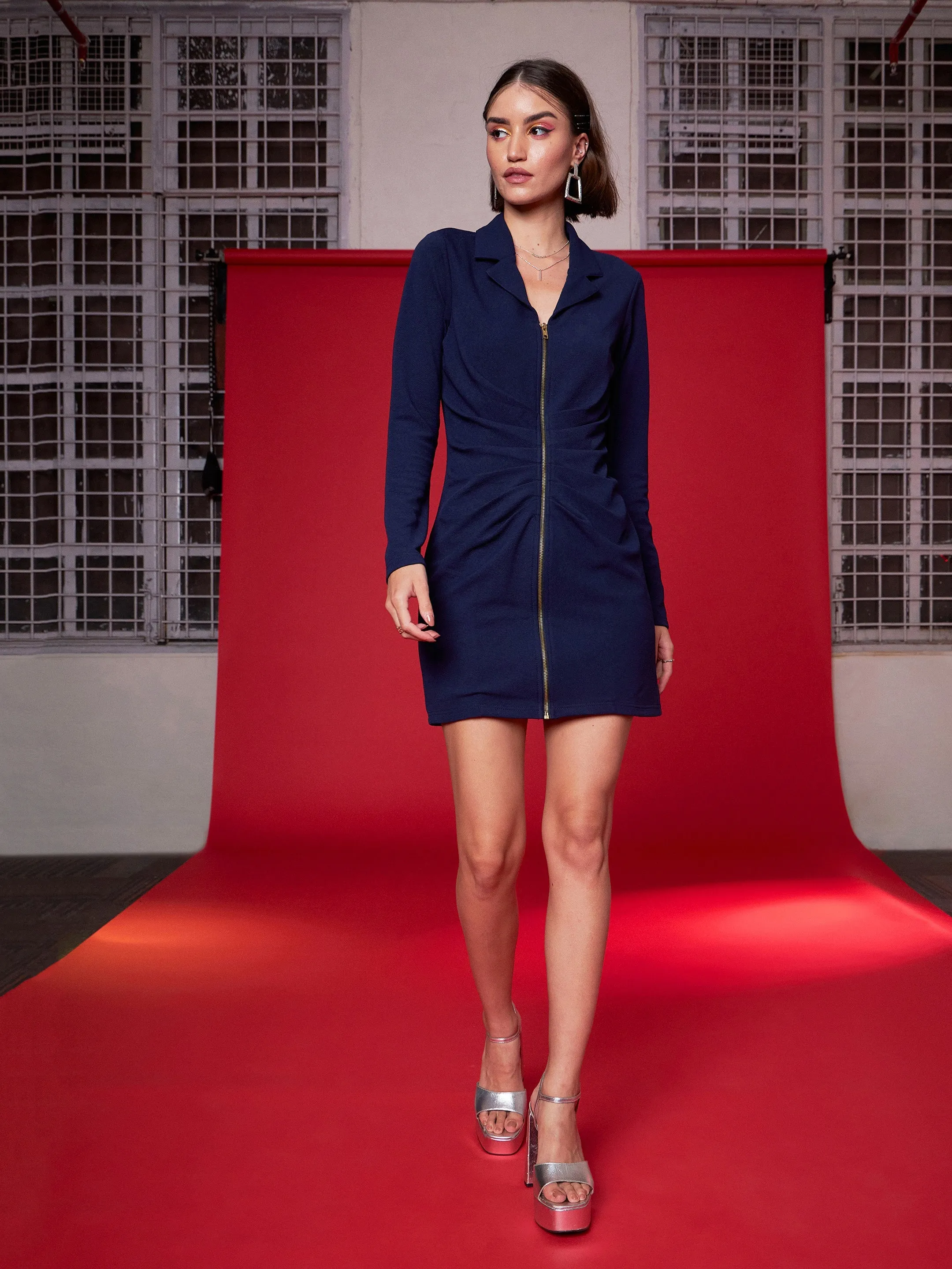 Women Navy Front Zipper Bodycon Dress